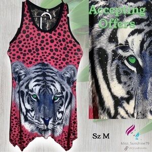 Sz M - Hot pink handkerchief slip dress lace racer back rhinestone tiger flowy